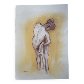 Painting signed sanguine and pastel feminine portrait “exiting the bath”