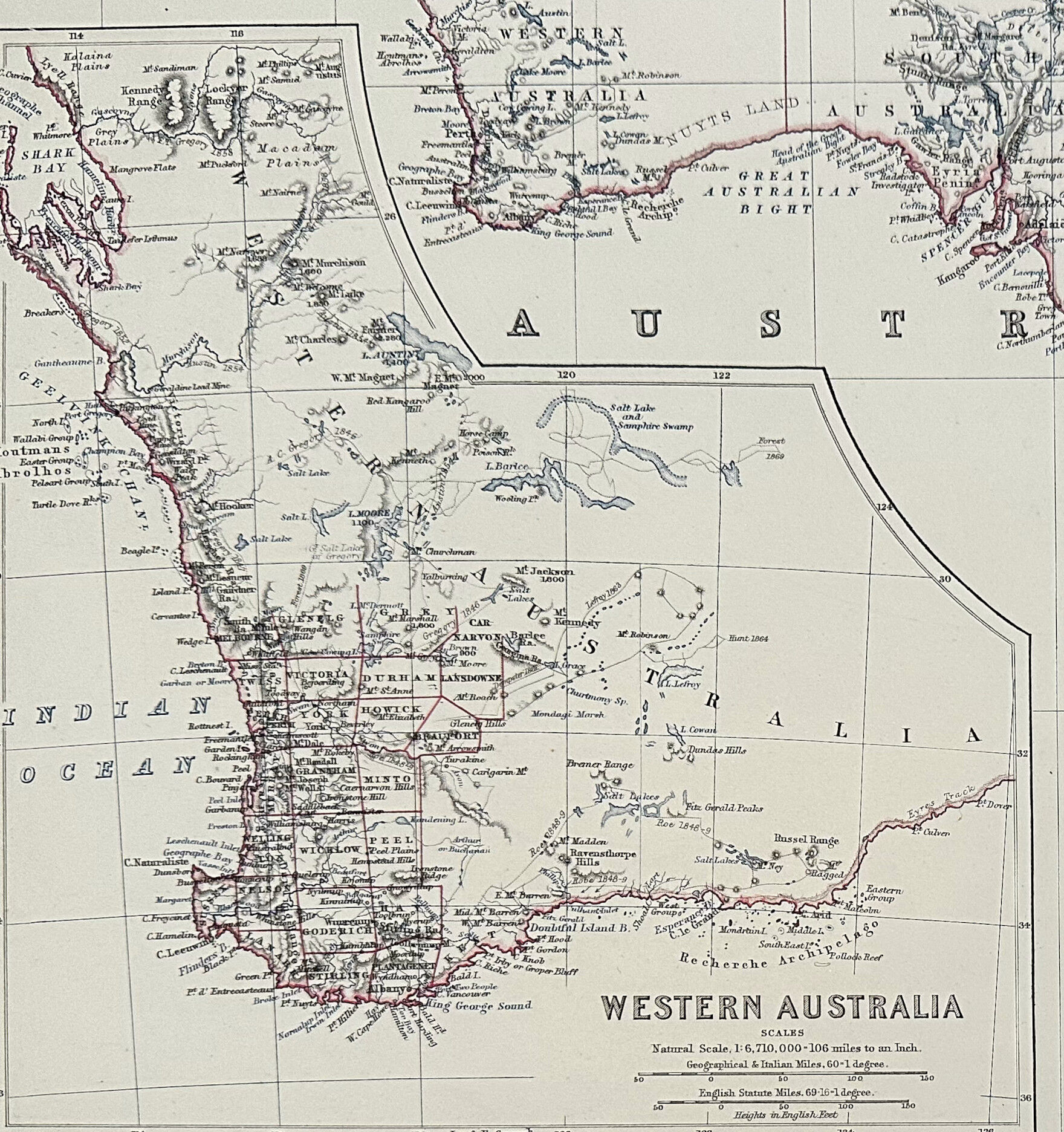Map of The Atlantic Ocean c1869 Keith Johnston Royal Atlas Hand coloured map