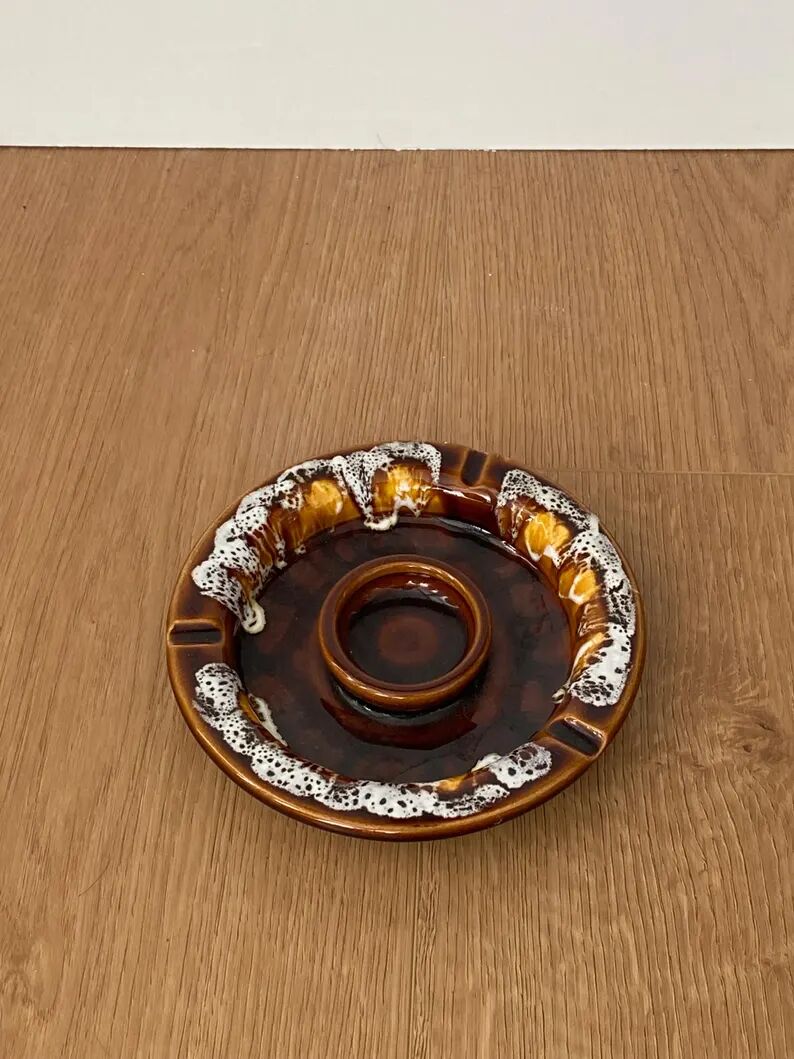 Vintage brown ashtray with drip glaze, 1970s ceramic pottery.