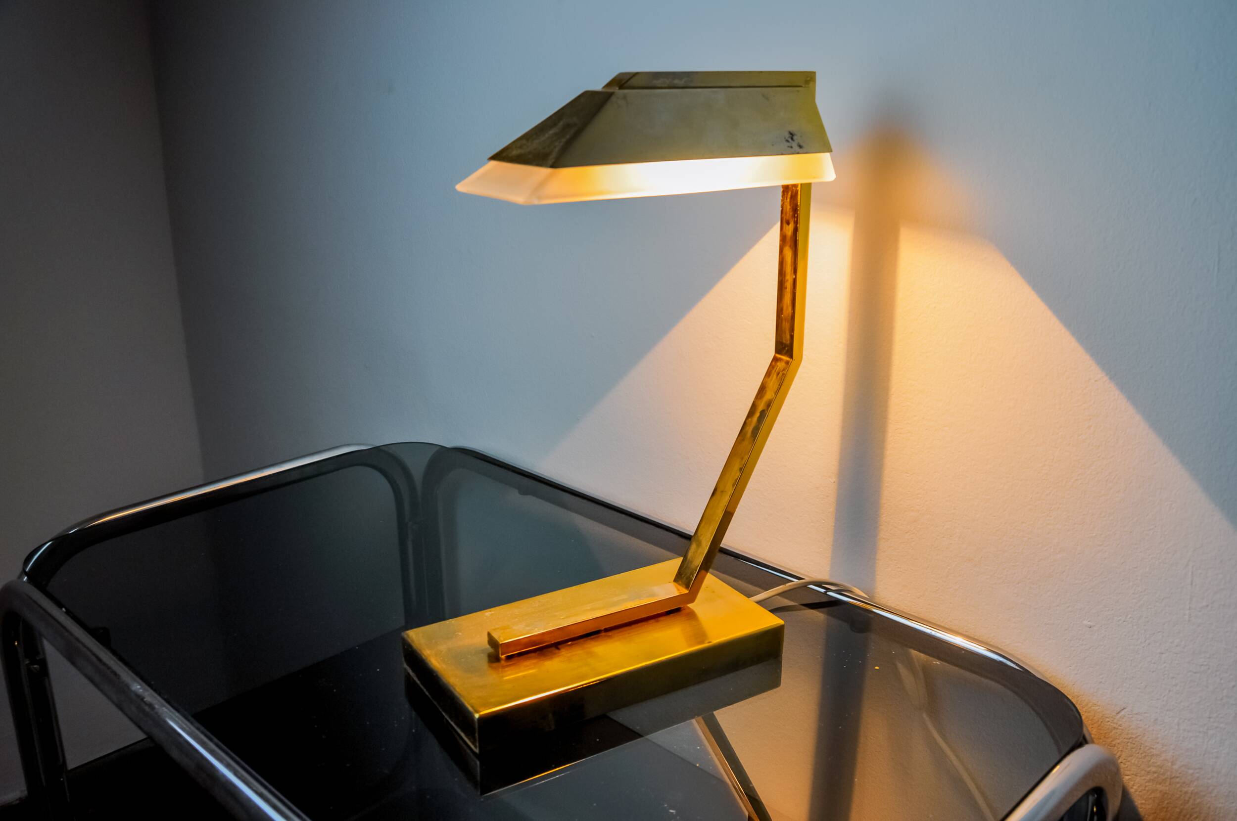 Geometric art deco lamp, brass and smoked glass, Spain, 1970