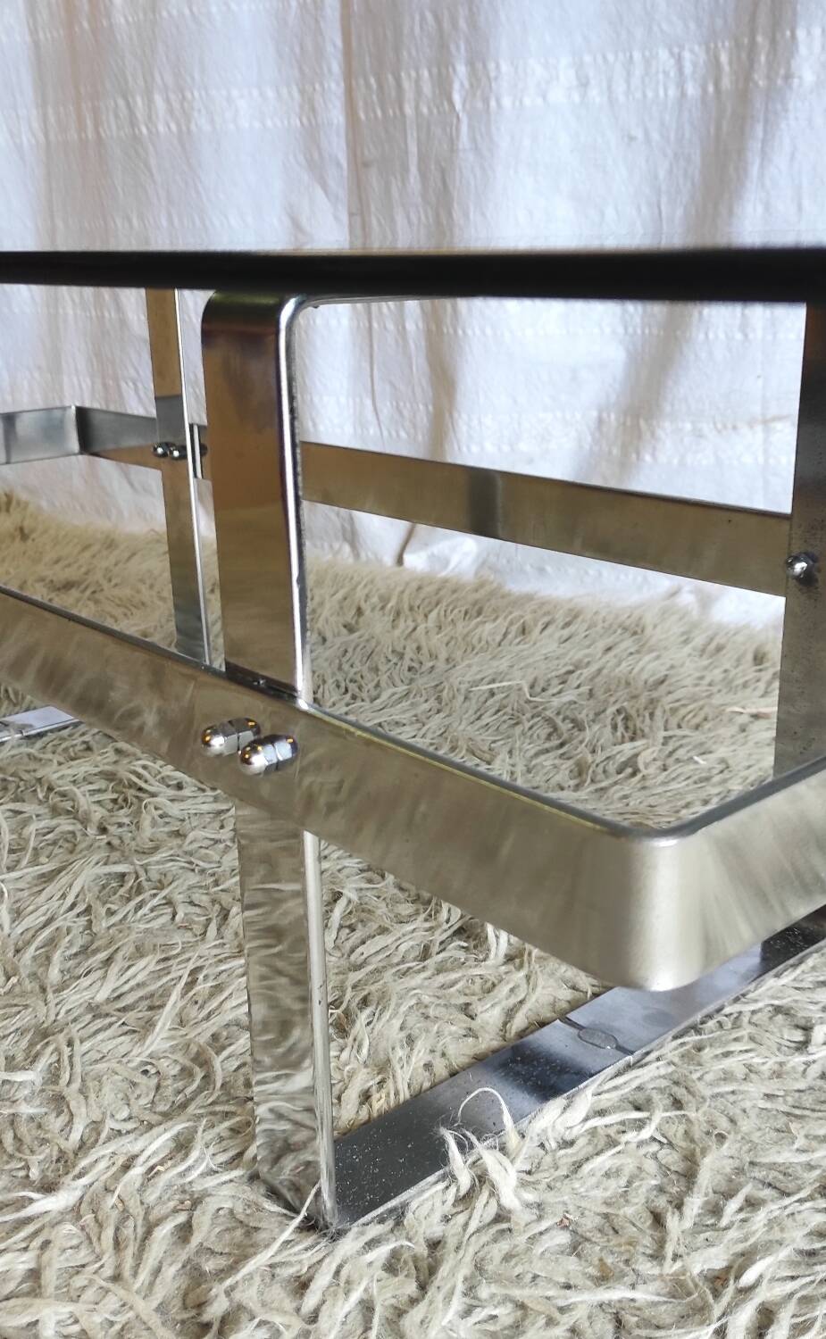 Designer coffee table in chrome metal and smoked glass - 70s/80s