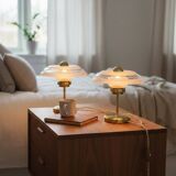 Pair of Art Deco bedside lamps in brass and etched glass