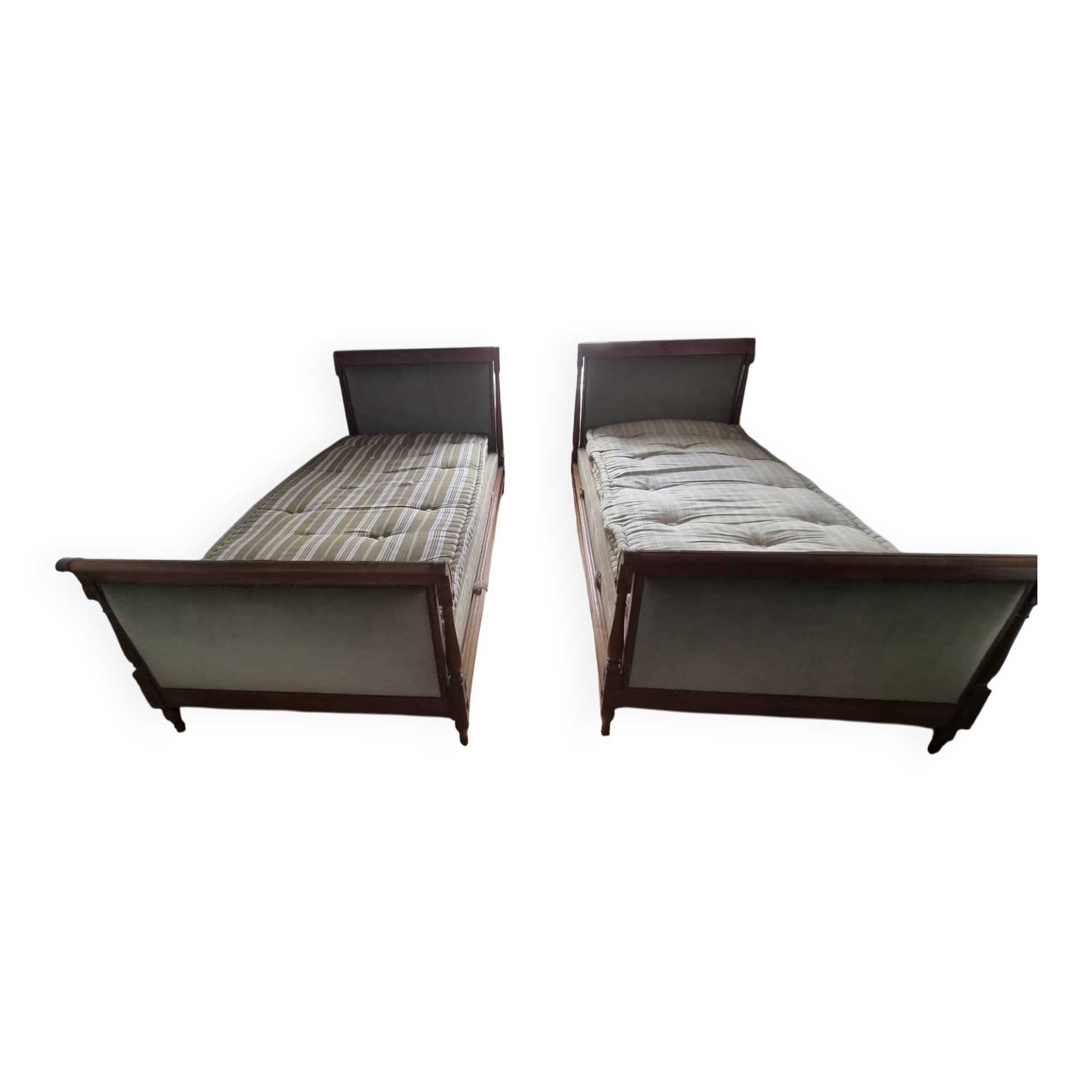 Pair of Louis Philippe boat beds in carved solid wood & green velvet