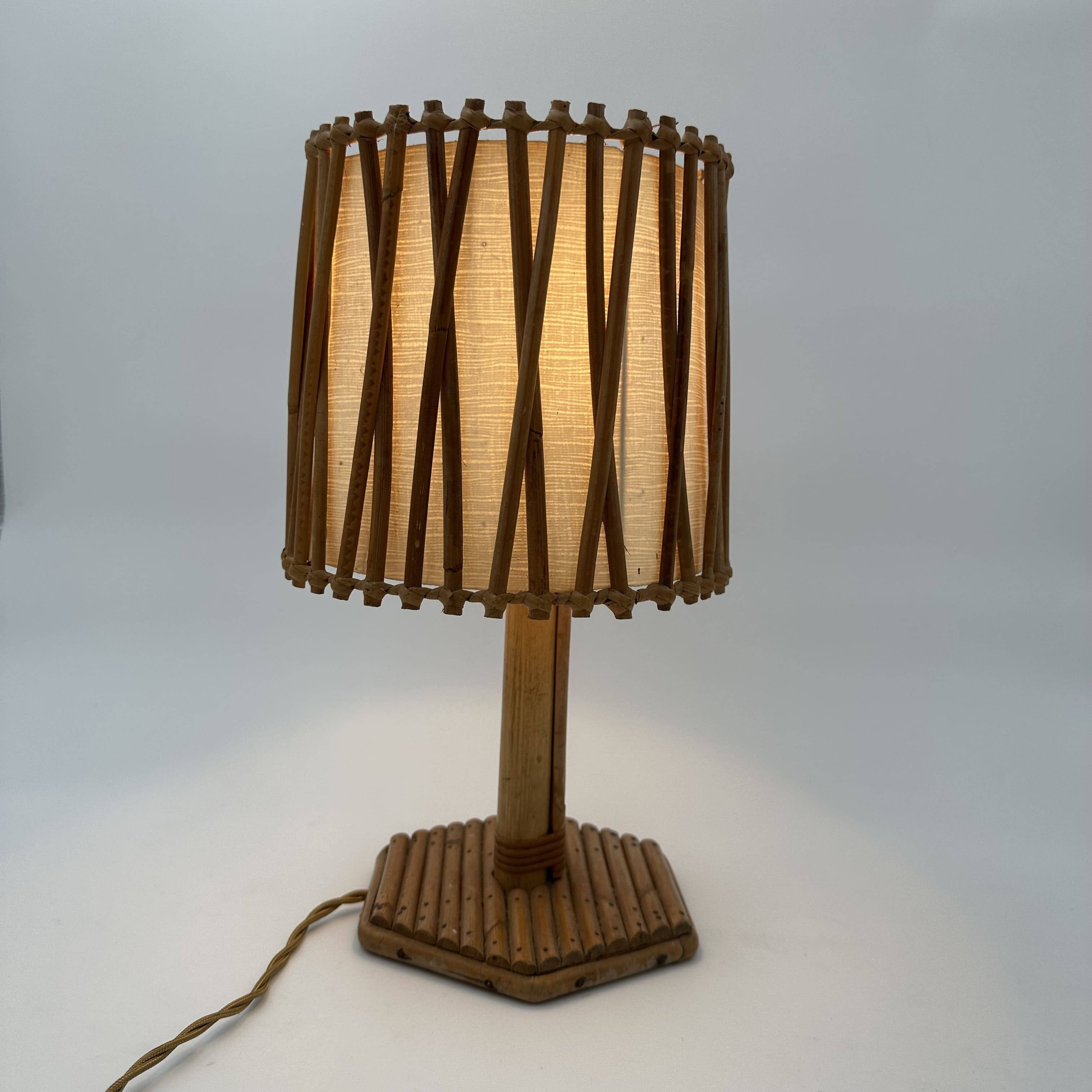 Rattan Table Lamp with Crosshatch Shade, Attributed to Louis Sognot,