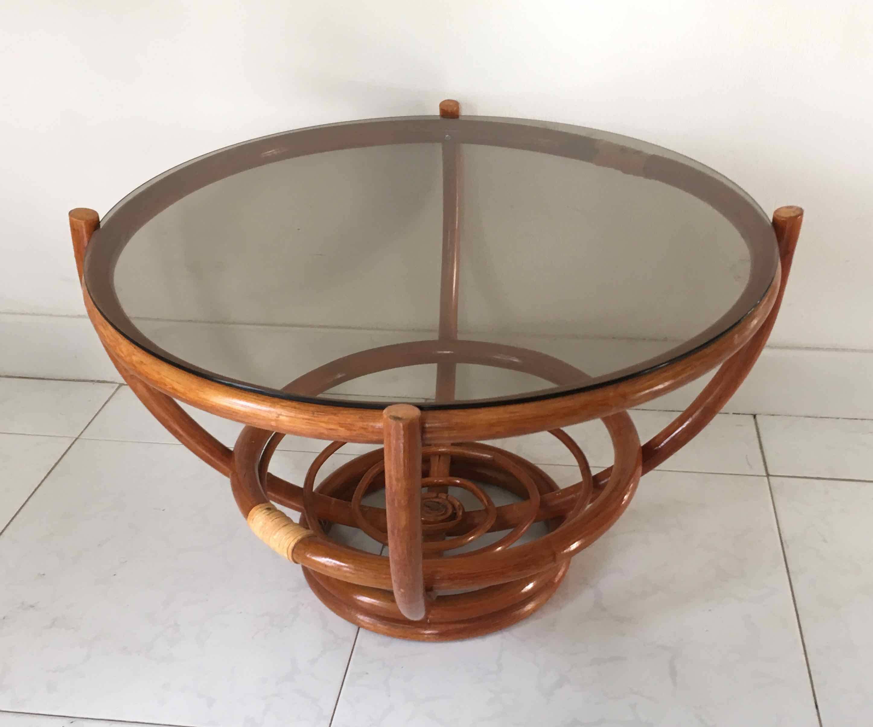 Rattan and smoked glass coffee table 1970