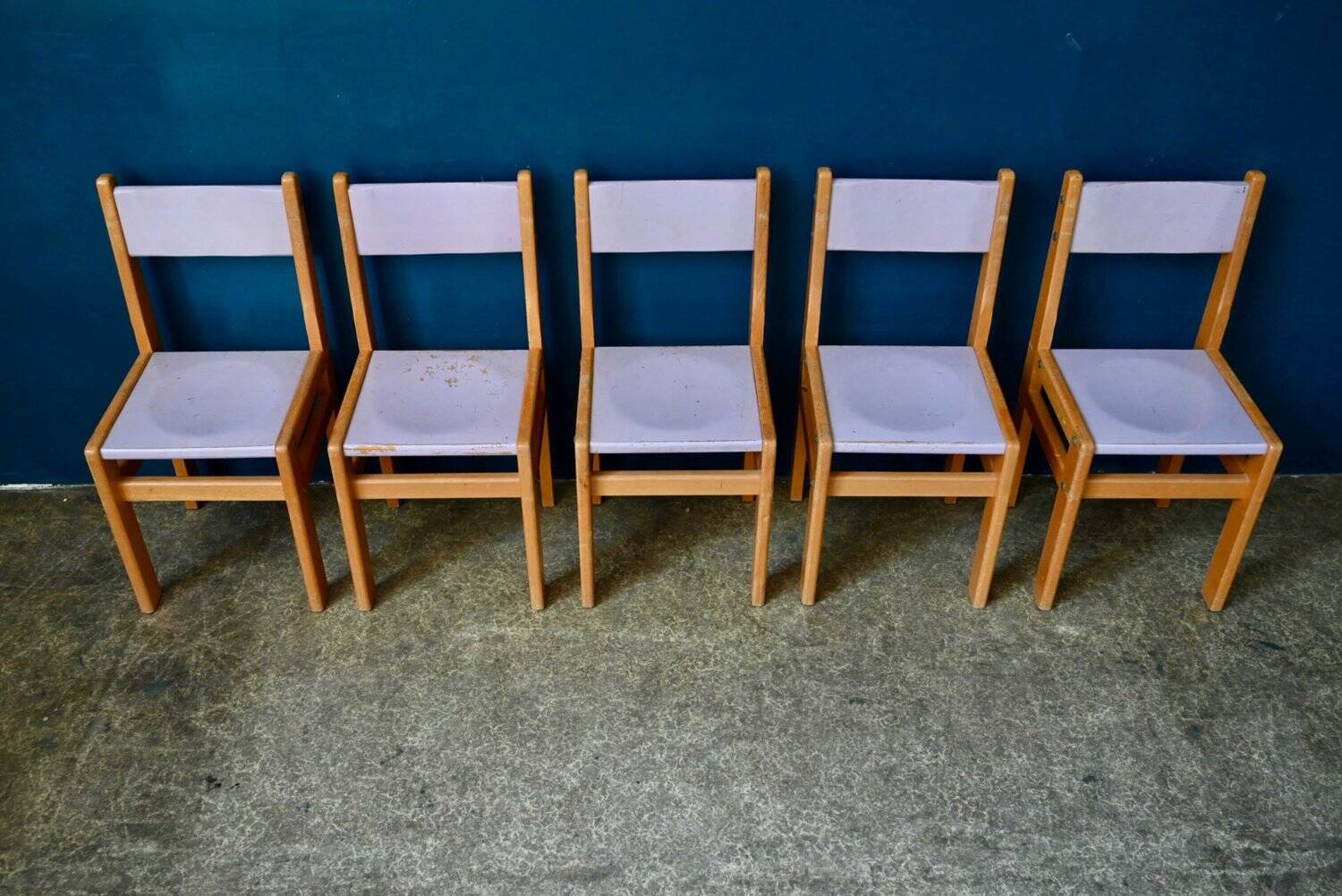 Vintage 1970s octagonal children's table in beech and lilac formica, with 5 chairs.