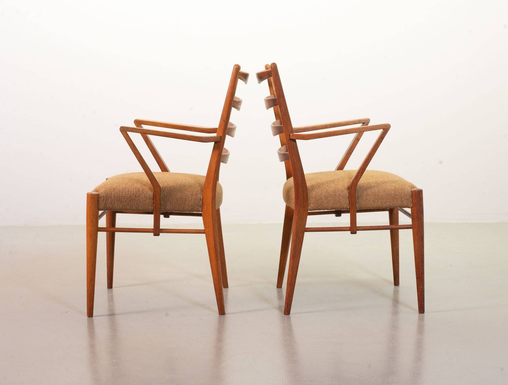 Cees Braakman Dutch Design Wooden Ladder Arm Chairs & Caramel Bouclé Fabric