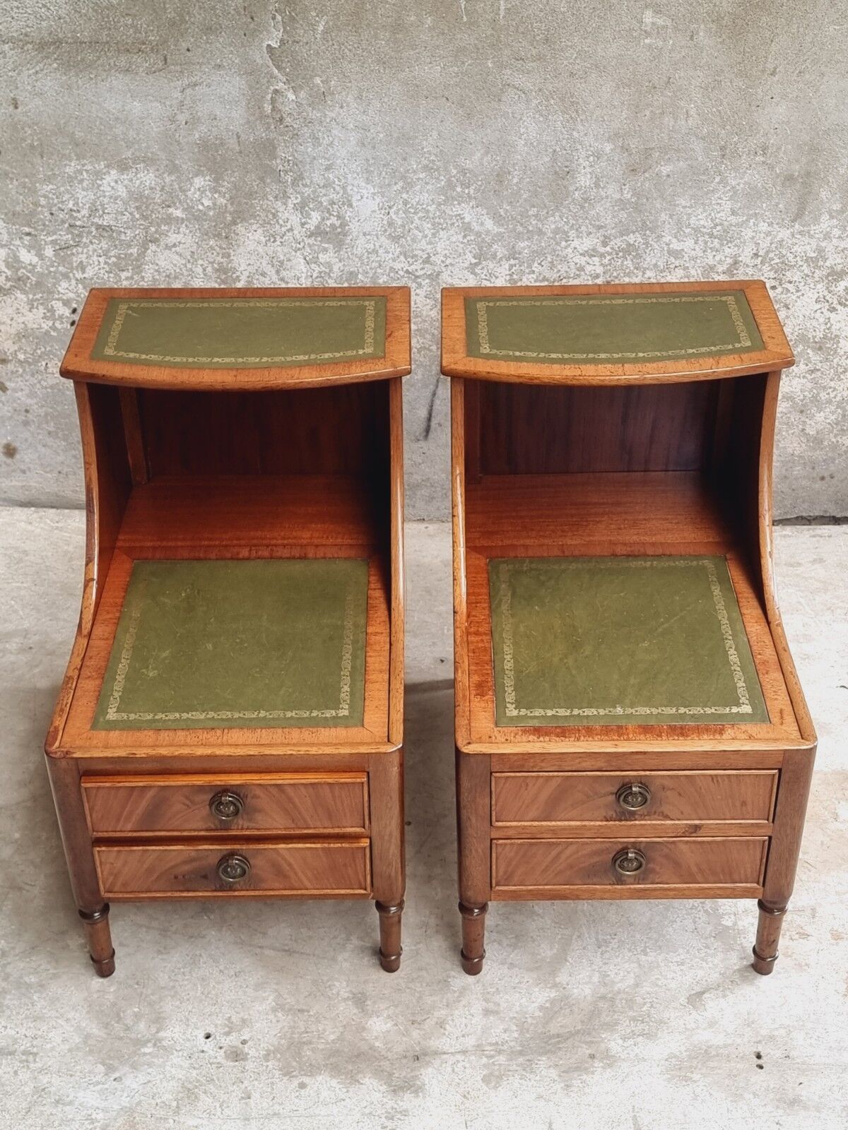 Set of mid century bedside tables with inlaid leather