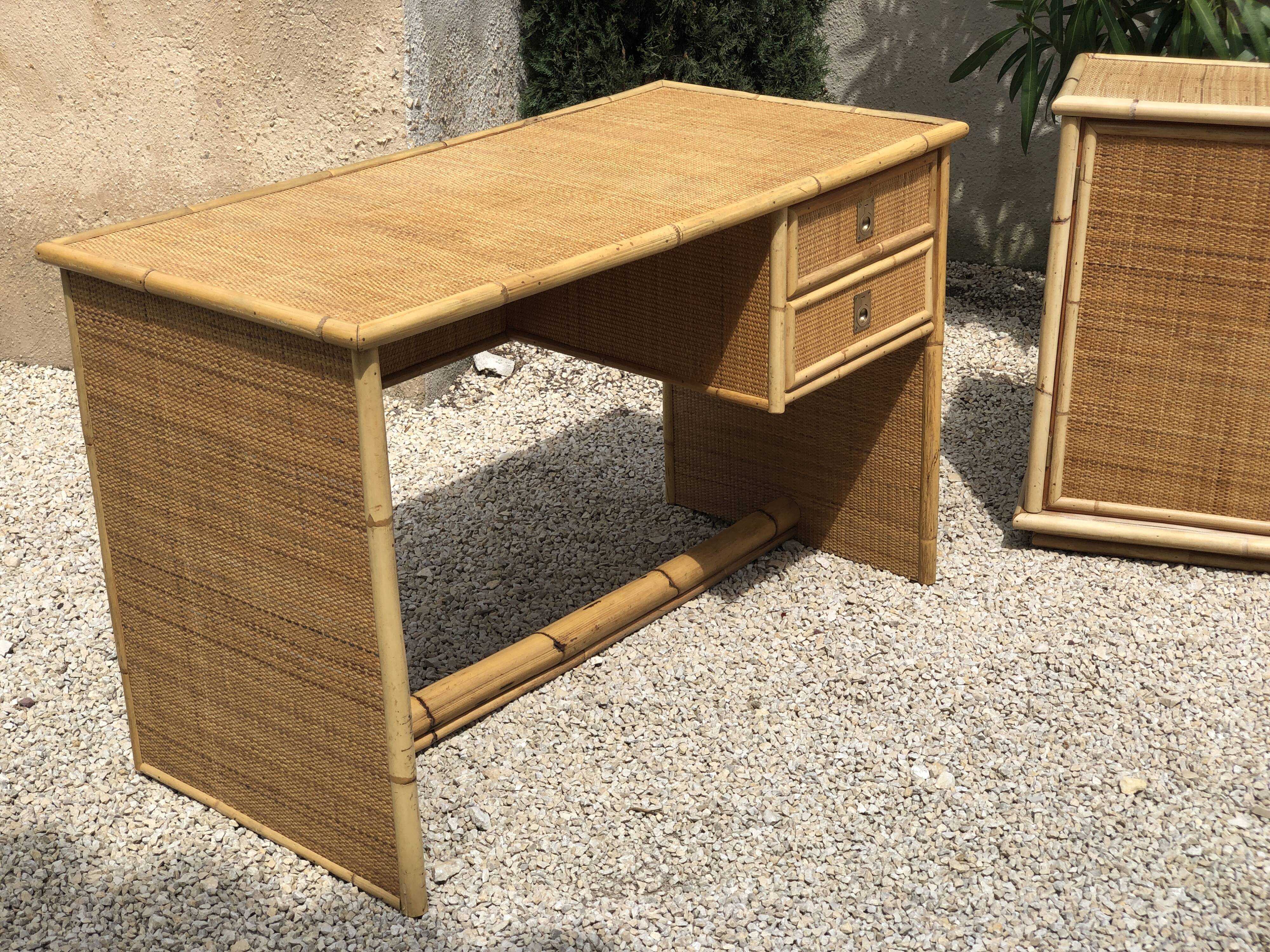 Vintage desk in bamboo, rattan and brass from Dal Vera, Italy 1970s