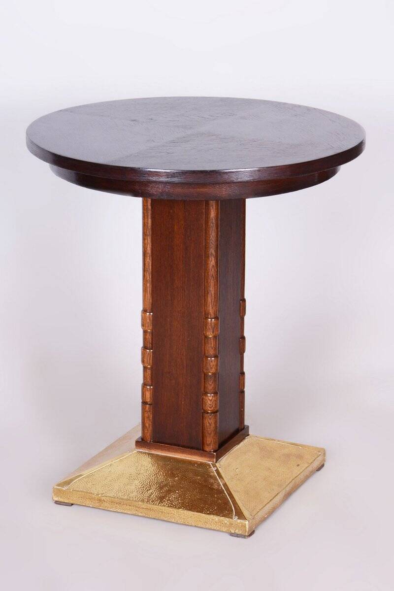 Small Art Deco Table in Oak and Brass, Czechia, 1920s