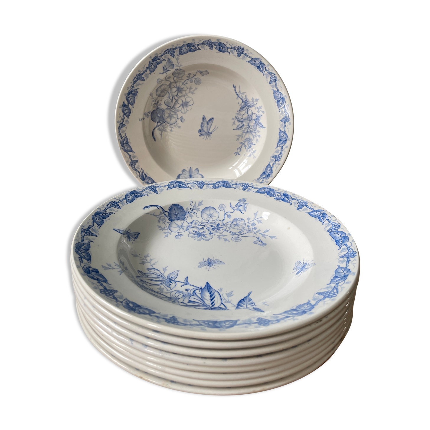 Set of 9 hollow plates 1900 "Butterfly" FF Pexonne