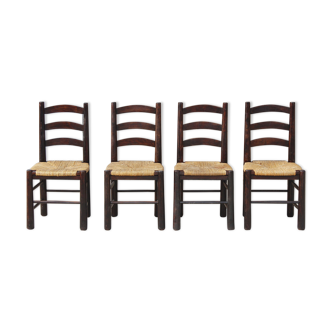 Brutalist wooden & straw farm chairs, France 1950s, Set of 4