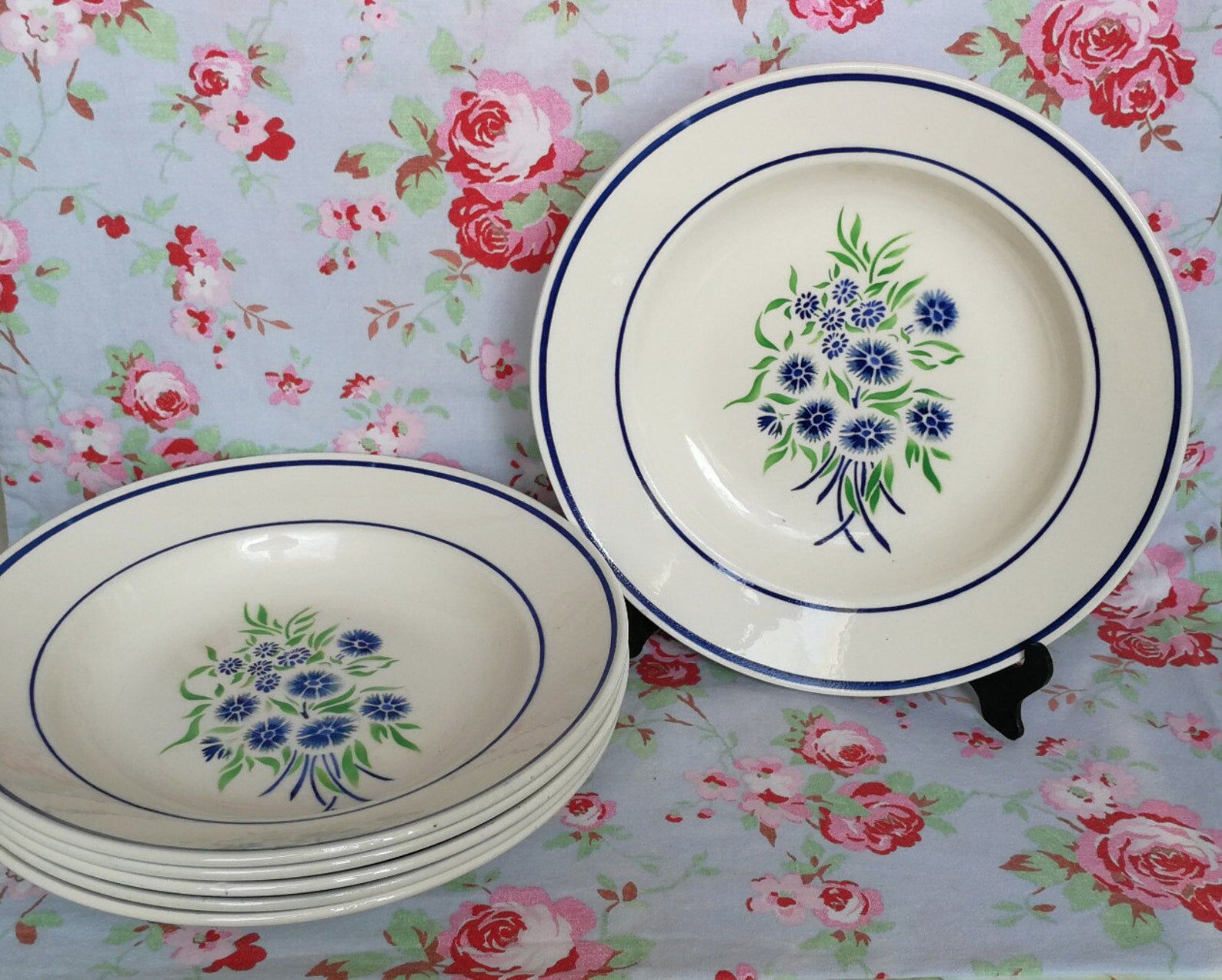 6 old Badonviller organic plates francine blue and green flowers in the stencil