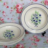 6 assiettes creuses anciennes Badonviller francine fleurs bleues et vertes au pochoir
