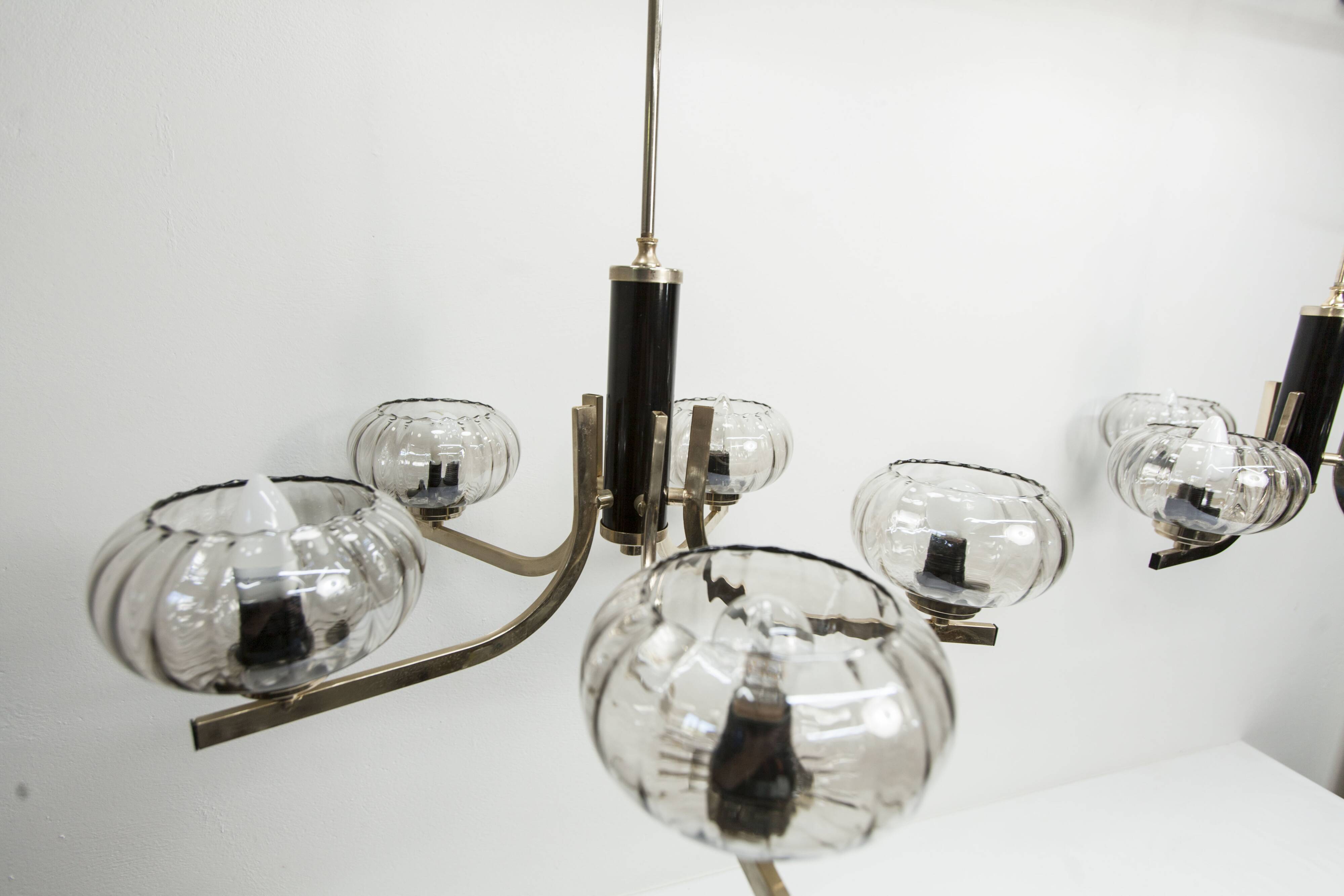 See Delmas chandelier, 5 branches, black and gold, transparent glass, 1960