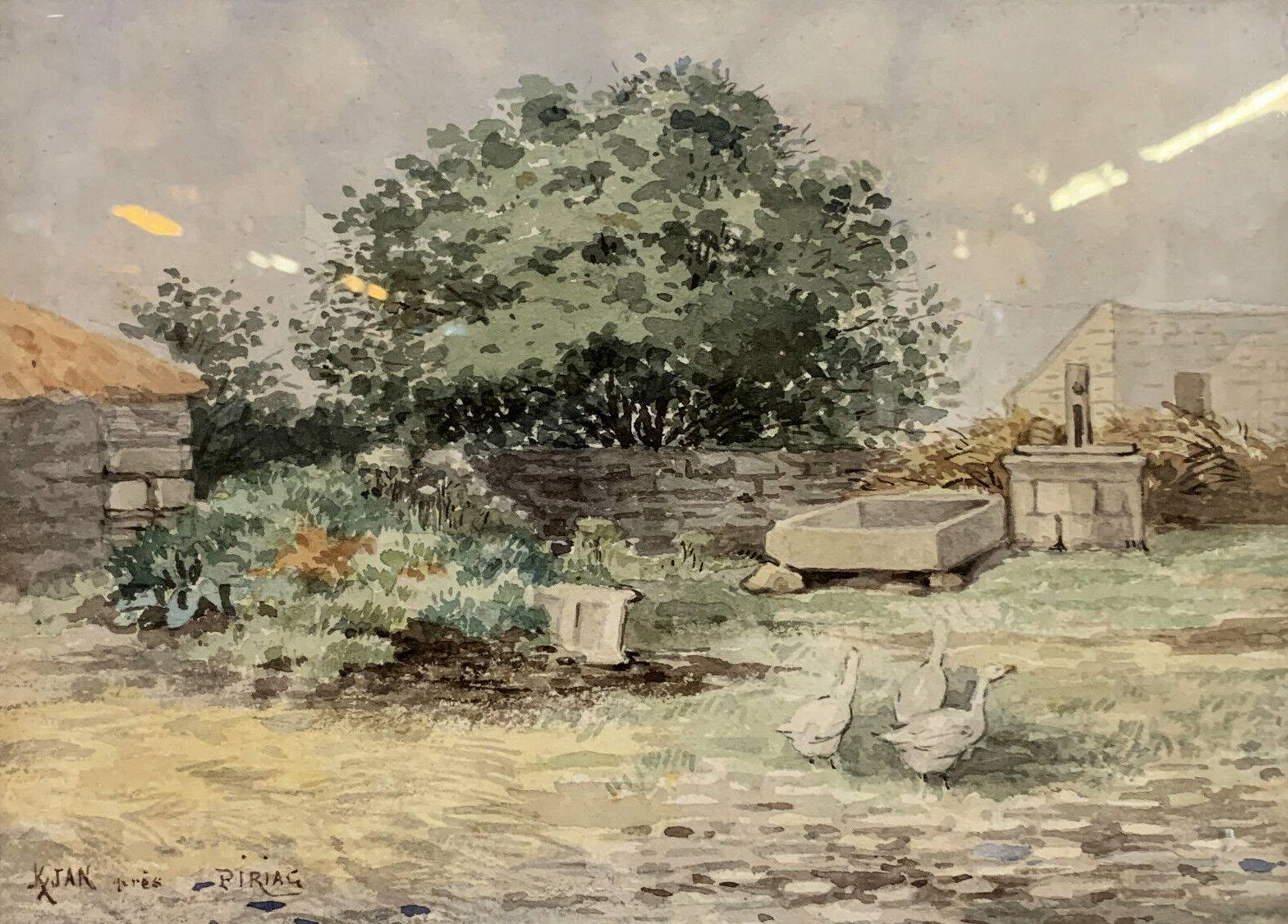 French School around 1900: pretty watercolor signed KX JAN "the meadows with the geese"