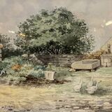 French School around 1900: pretty watercolor signed KX JAN "the meadows with the geese"