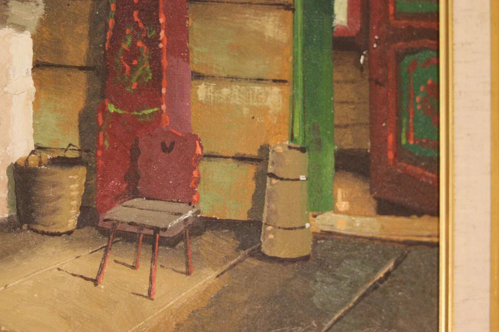 Huile sur toile suédoise originale du milieu du siècle – cheminée de cuisine