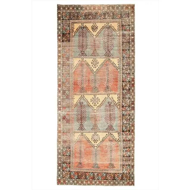 1970s Vintage Turkish Hand-Knotted Wool Cotton Orange Runner Rug 143x339