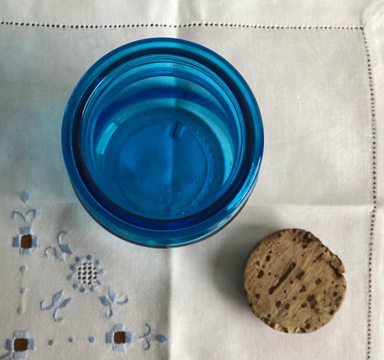 Blue glass jar with Henkel cork stopper - vintage