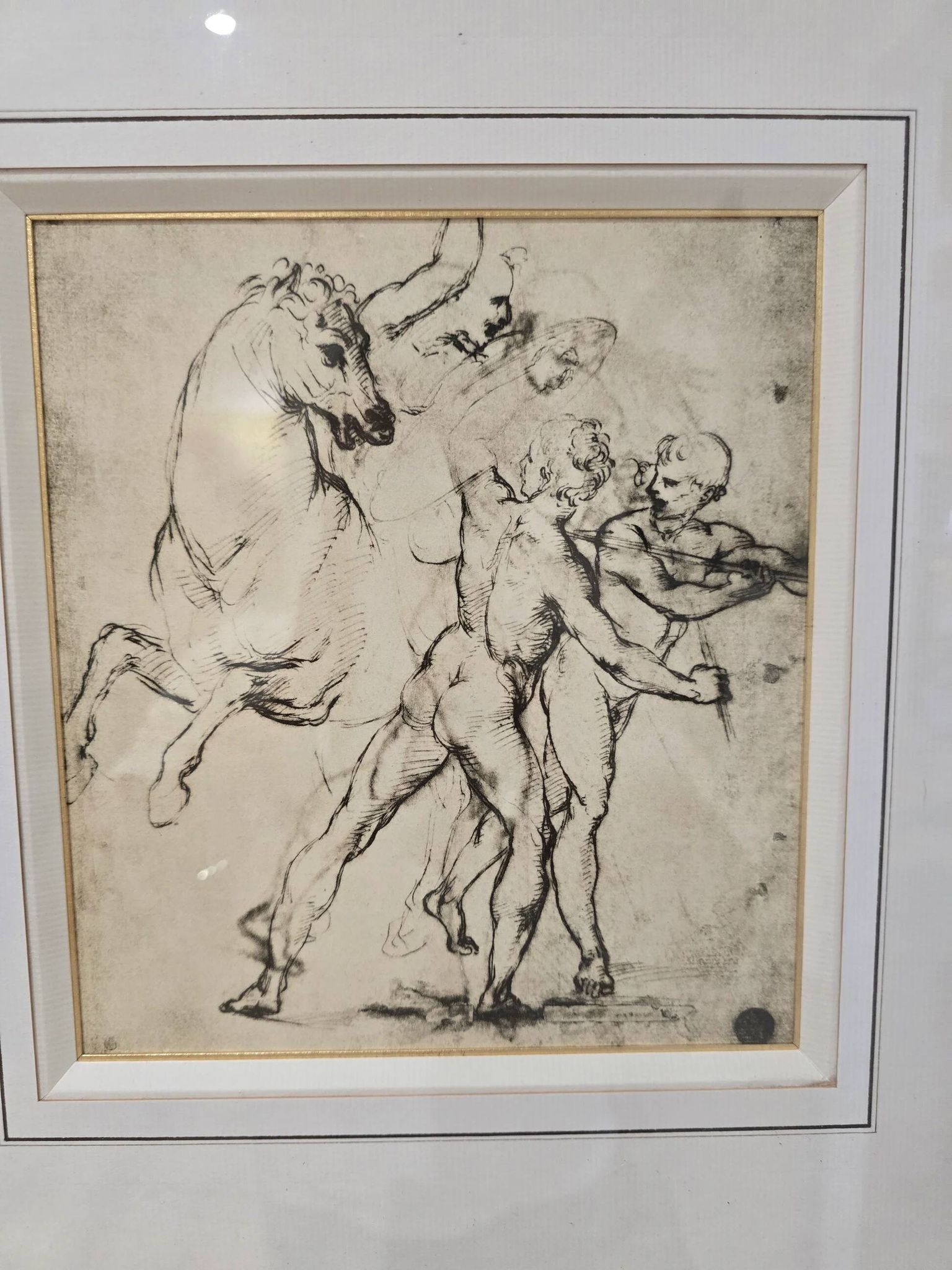Framed drawing after an old master – Study of horses and male figures