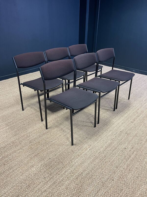 Ensemble de 6 chaises Gijs Van Der Sluis tissu aubergine pieds acier gris années 70 Pays Bas