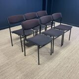 Ensemble de 6 chaises Gijs Van Der Sluis tissu aubergine pieds acier gris années 70 Pays Bas