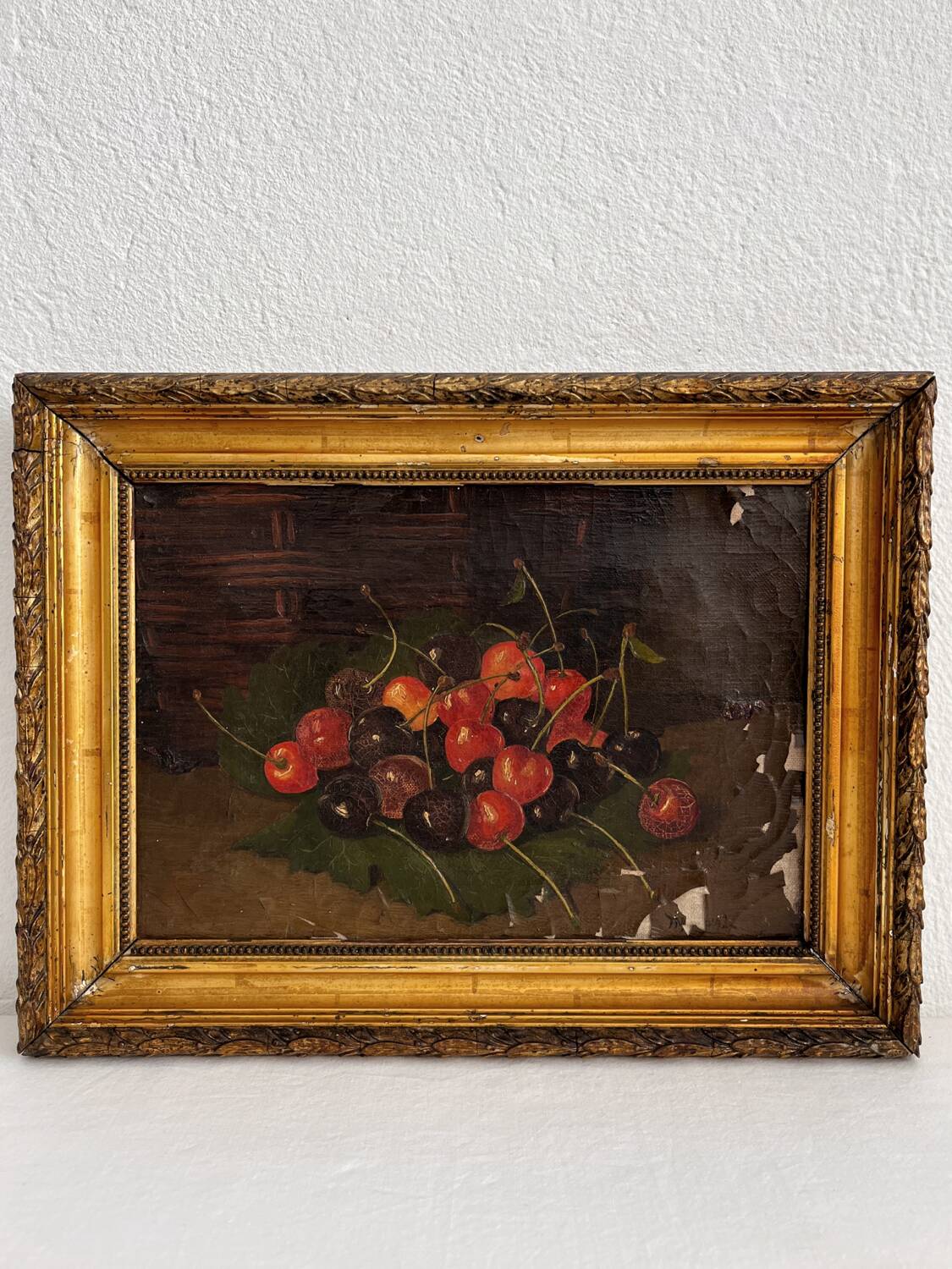 Huile sur toile nature morte aux cerises 19eme