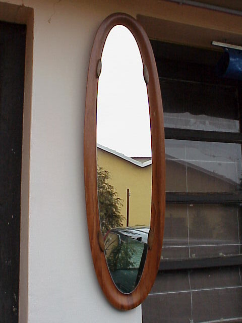 Design mirror with frame in teak, 50s - 140x30cm