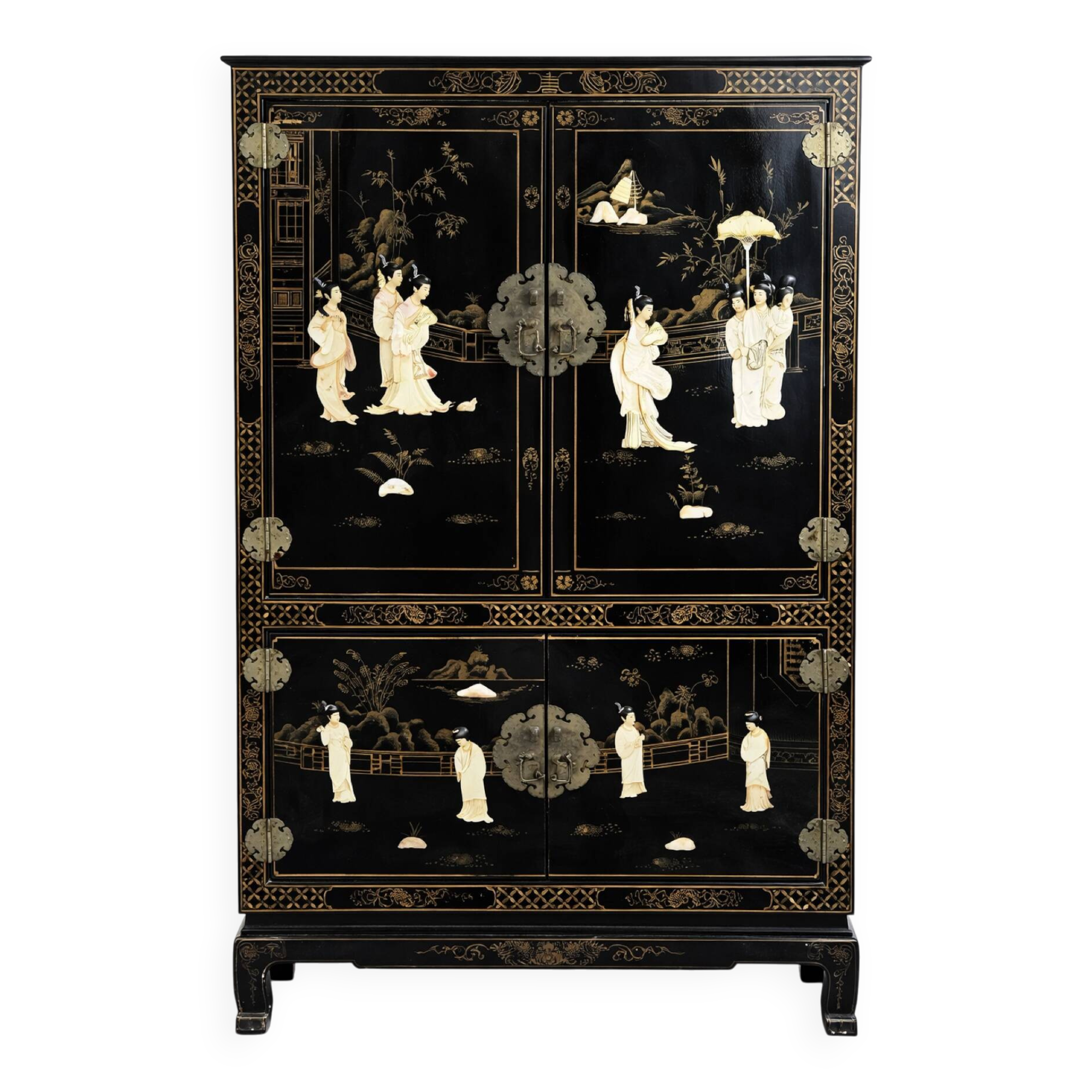 2 Cabinets chinois laqués noir, décor doré & incrustations de nacre