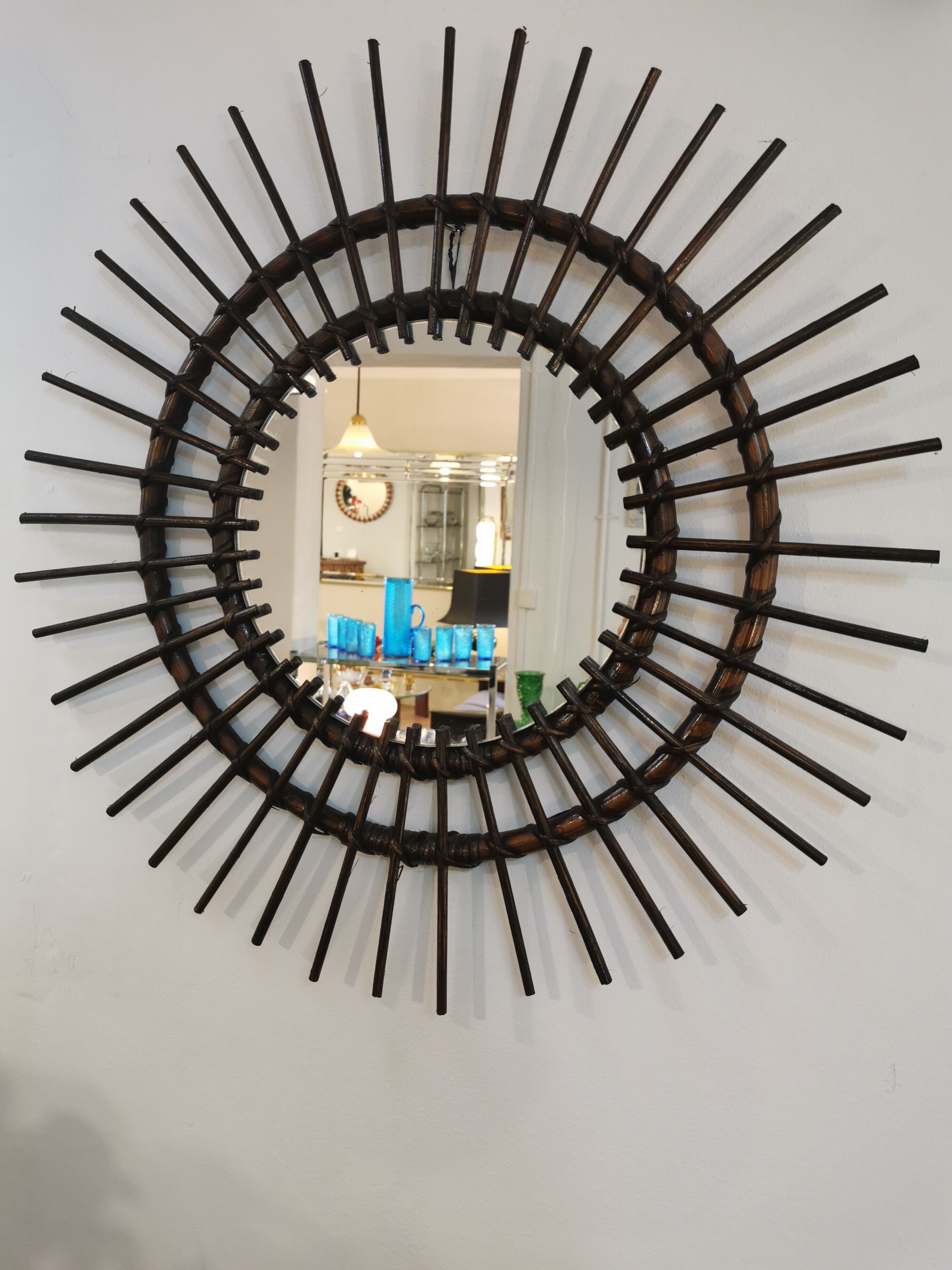 Vintage sun mirror in 60s dark rattan 56cm