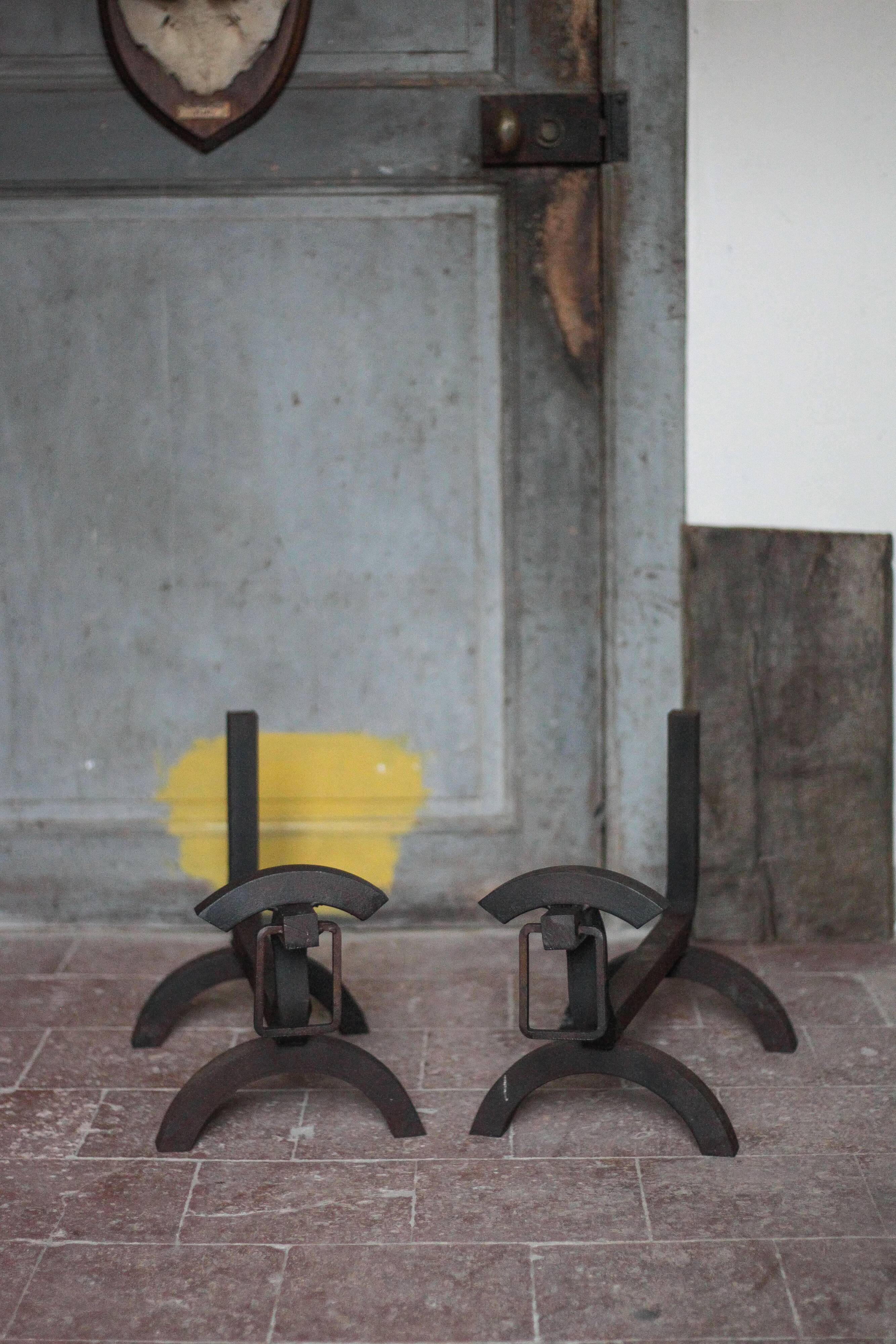 Vintage chenets, pair of brutalist dog-shaped chenets, fireplace accessory.