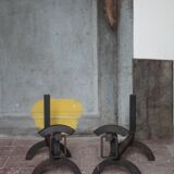 Vintage chenets, pair of brutalist dog-shaped chenets, fireplace accessory.