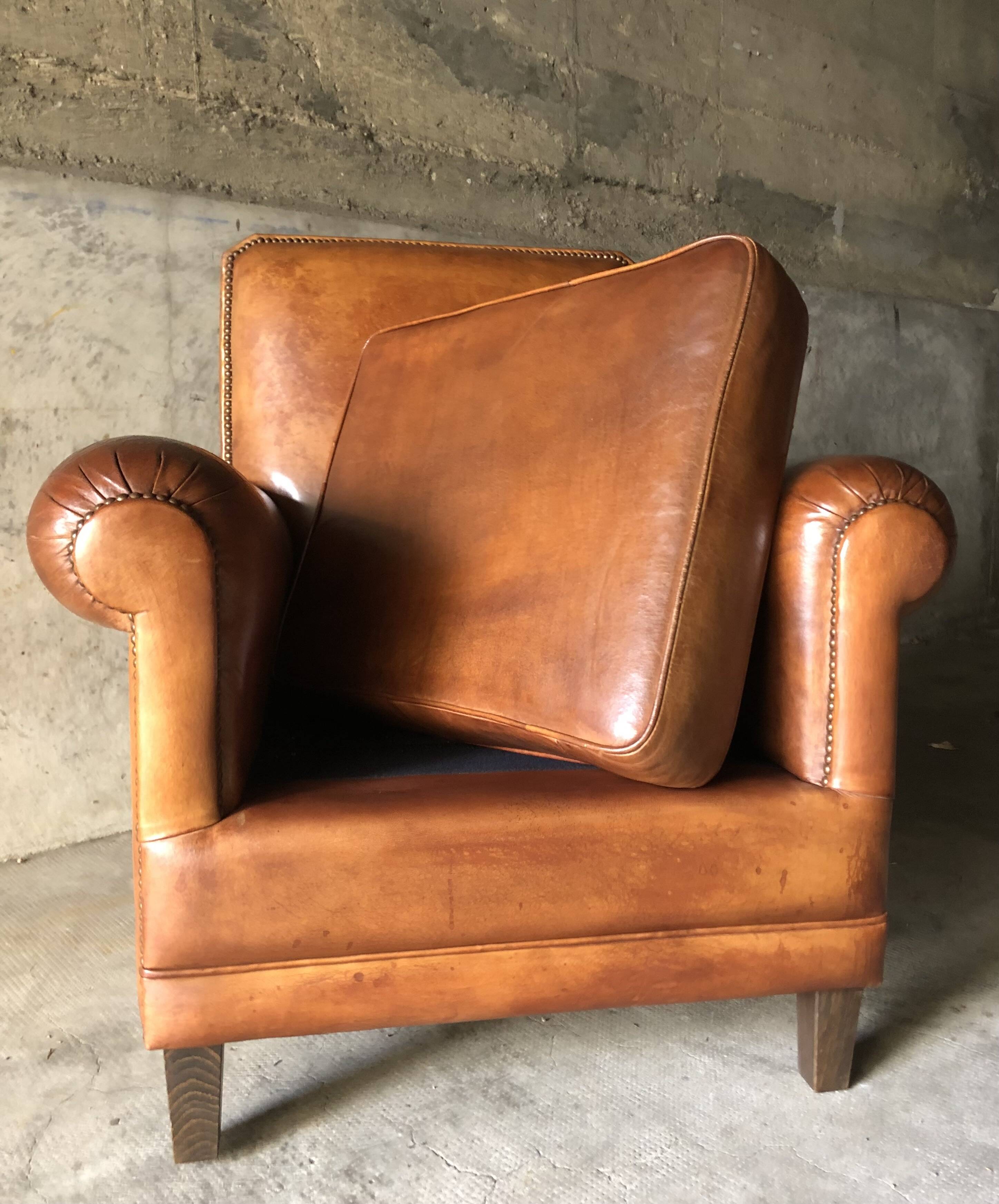 Fauteuil Club vintage en cuir « cognac »