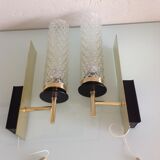 Pair of brass and glass wall lamps tube / vintage 60s-70s