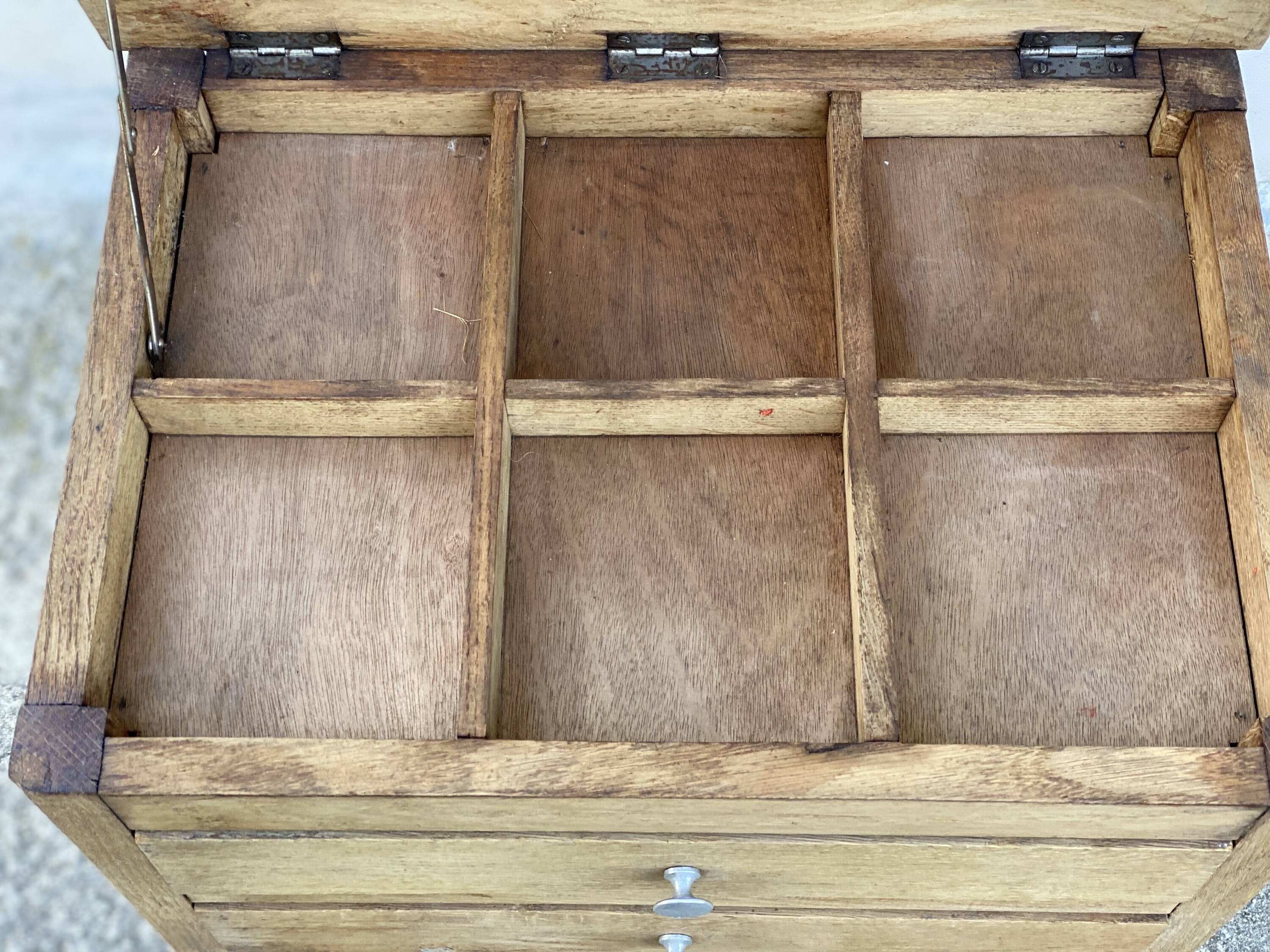 Small workshop cabinet with 3 stripped oak drawers.
