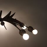 Sputnik chandelier 8 lights copper, teak & brass, Italy 1960s