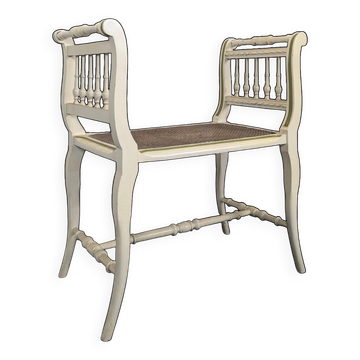 Directoire piano bench in cream lacquered wood with caning.