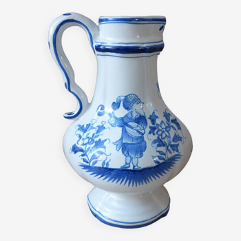 Ancien Huilier ou Vinaigrier en Céramique Blanche et Bleue Décor Champêtre Peint Main