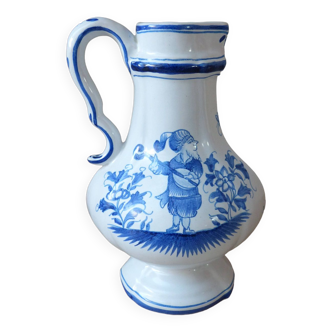 Old Oil or Vinegar Pot in White and Blue Ceramic Hand Painted Country Decor