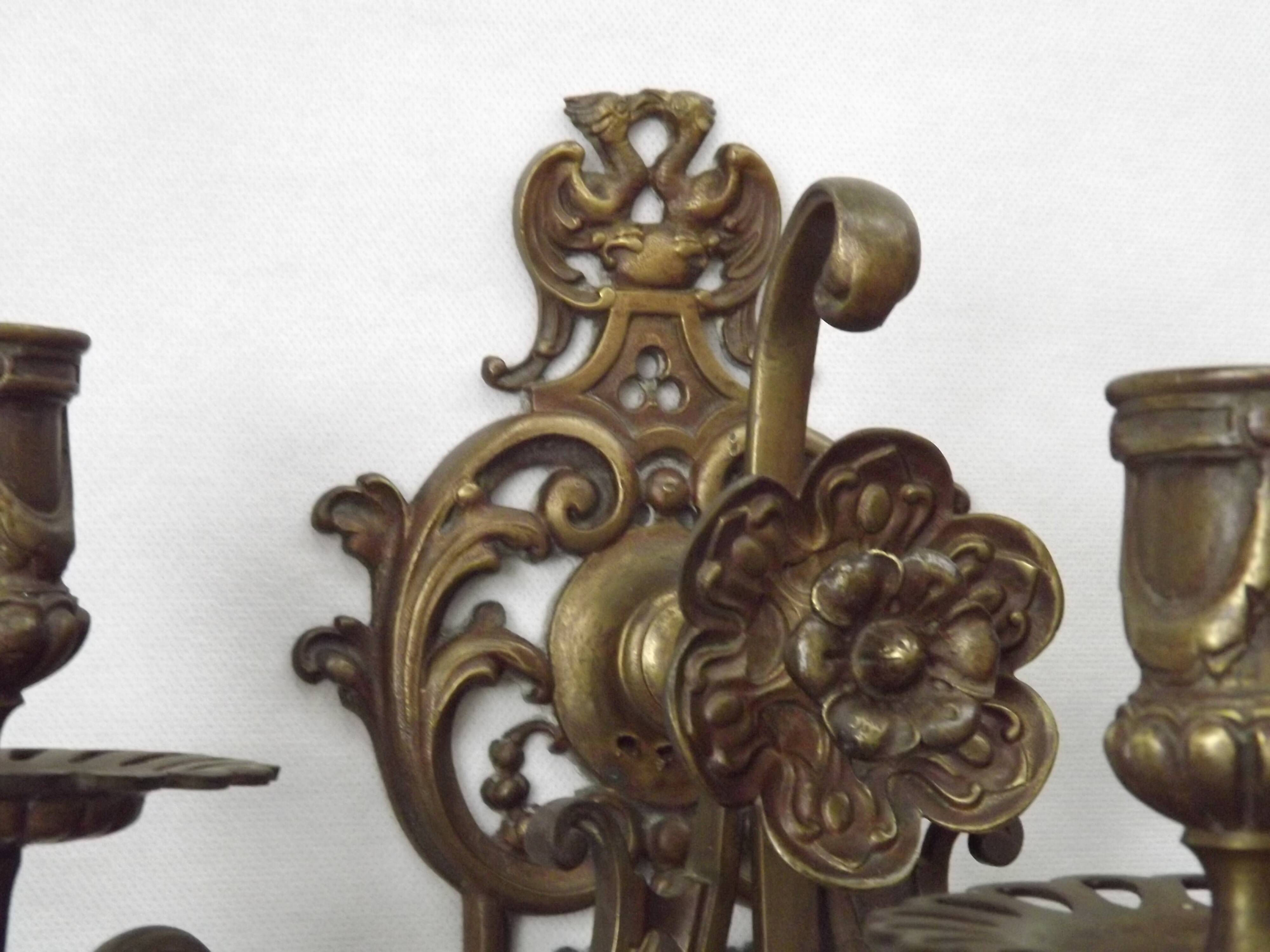 Pair of Heavy Victorian Bronze Triple Wall Sconces Griffin & Flower Detail