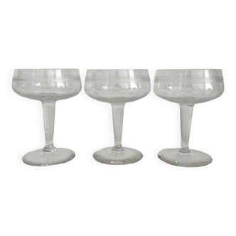 3 old crystal champagne glasses with engraved decoration