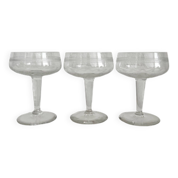 3 antique crystal champagne coupes with engraved decoration