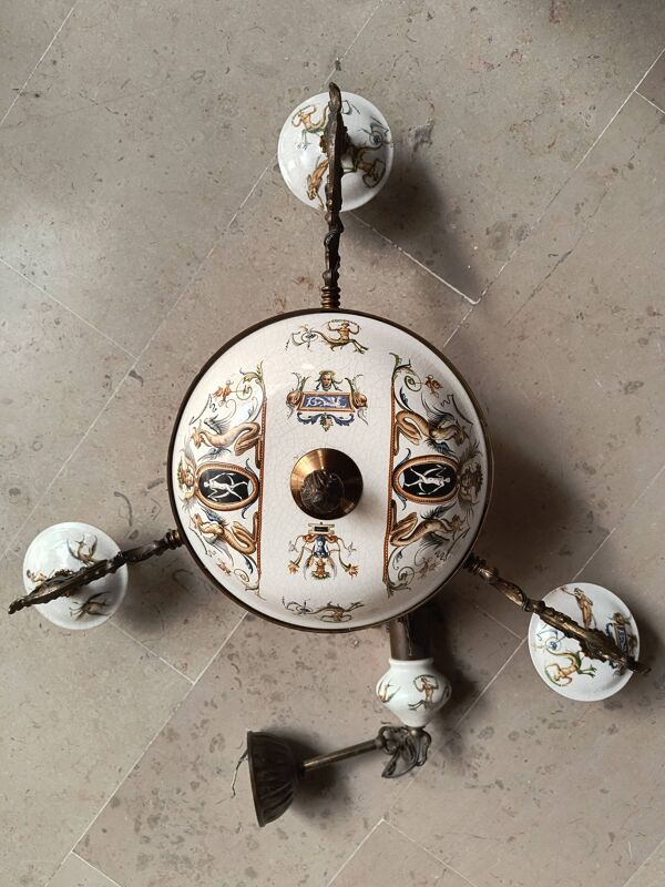 Lustre bronze, cuivre et faïence style gien