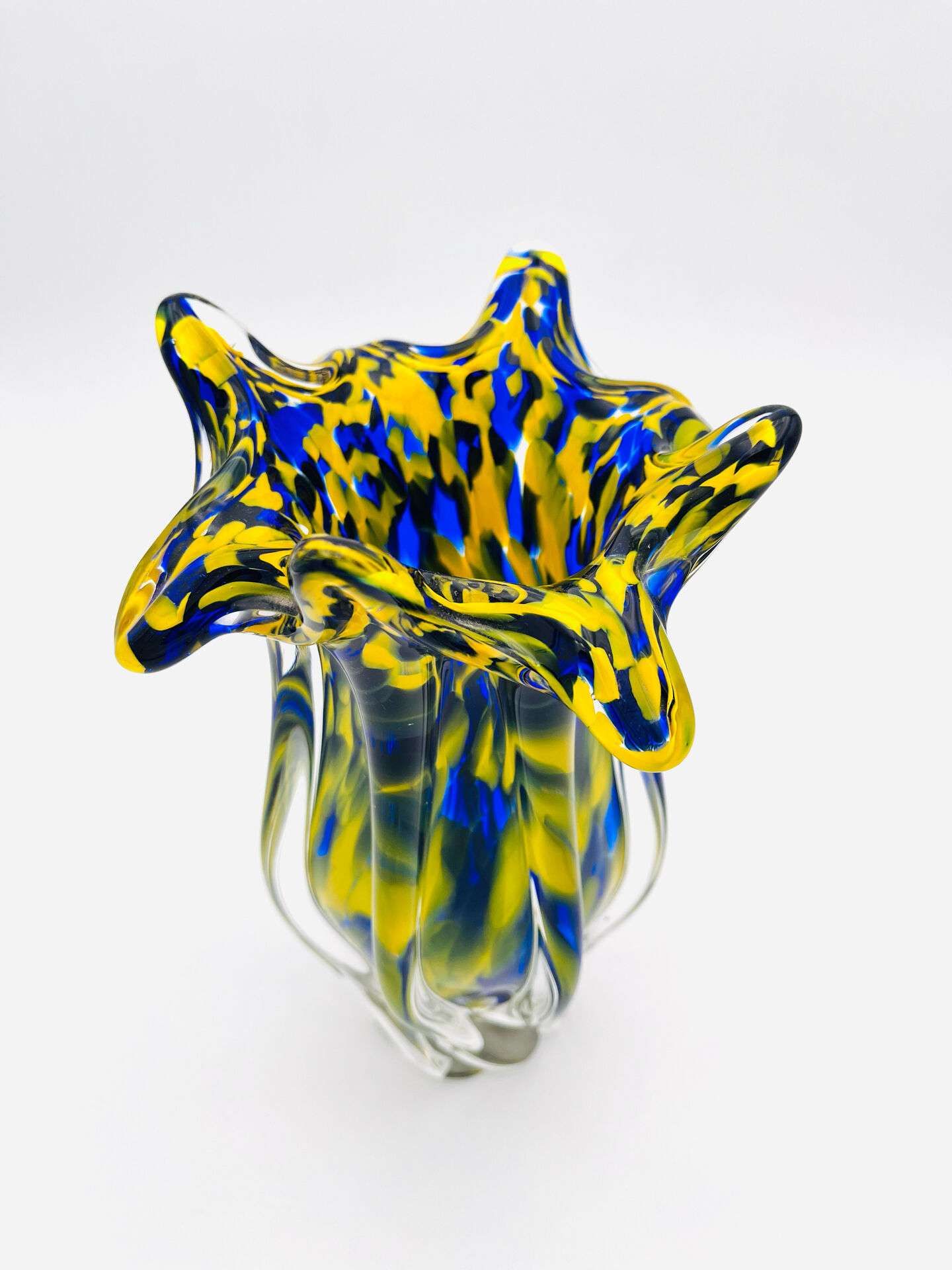 Vase Josef Hospodka Chřibská Macchia Blue Yellow Bohemian Glass 60s
