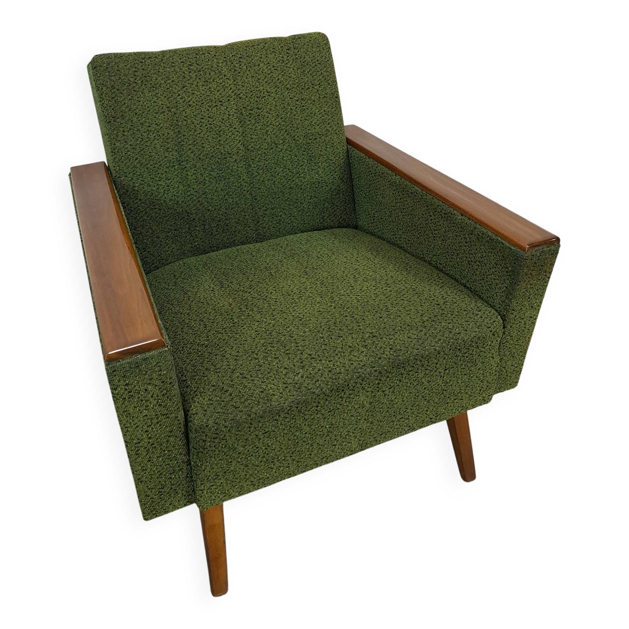 Fauteuil vert avec dossier en bois de teck