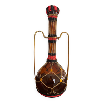 Vintage amber glass, brass and scoubidou carafe