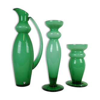 Set of 3 green glass pieces by Orrefors, Sweden