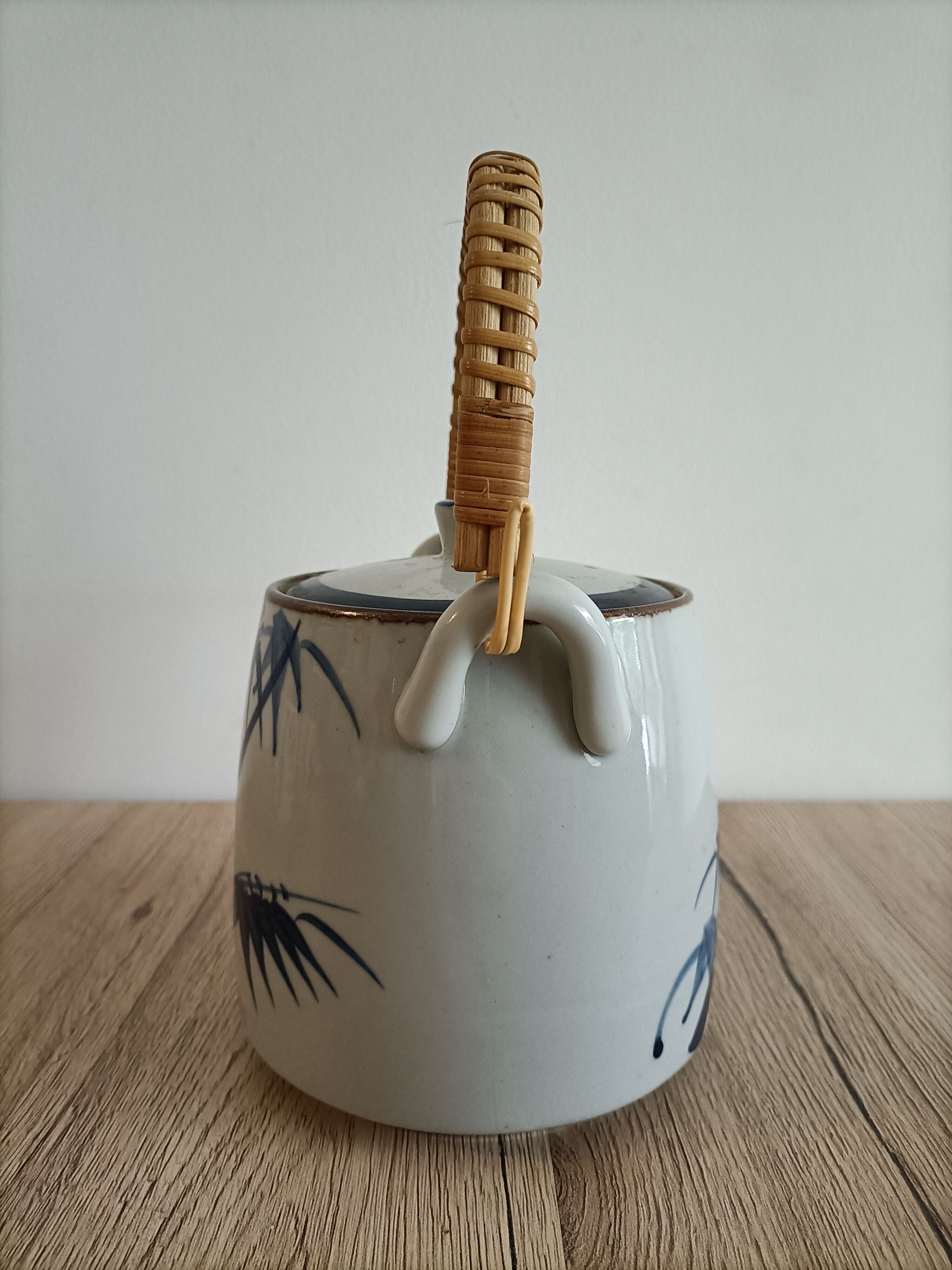 Japanese-inspired ceramic teapot blue bamboo pattern