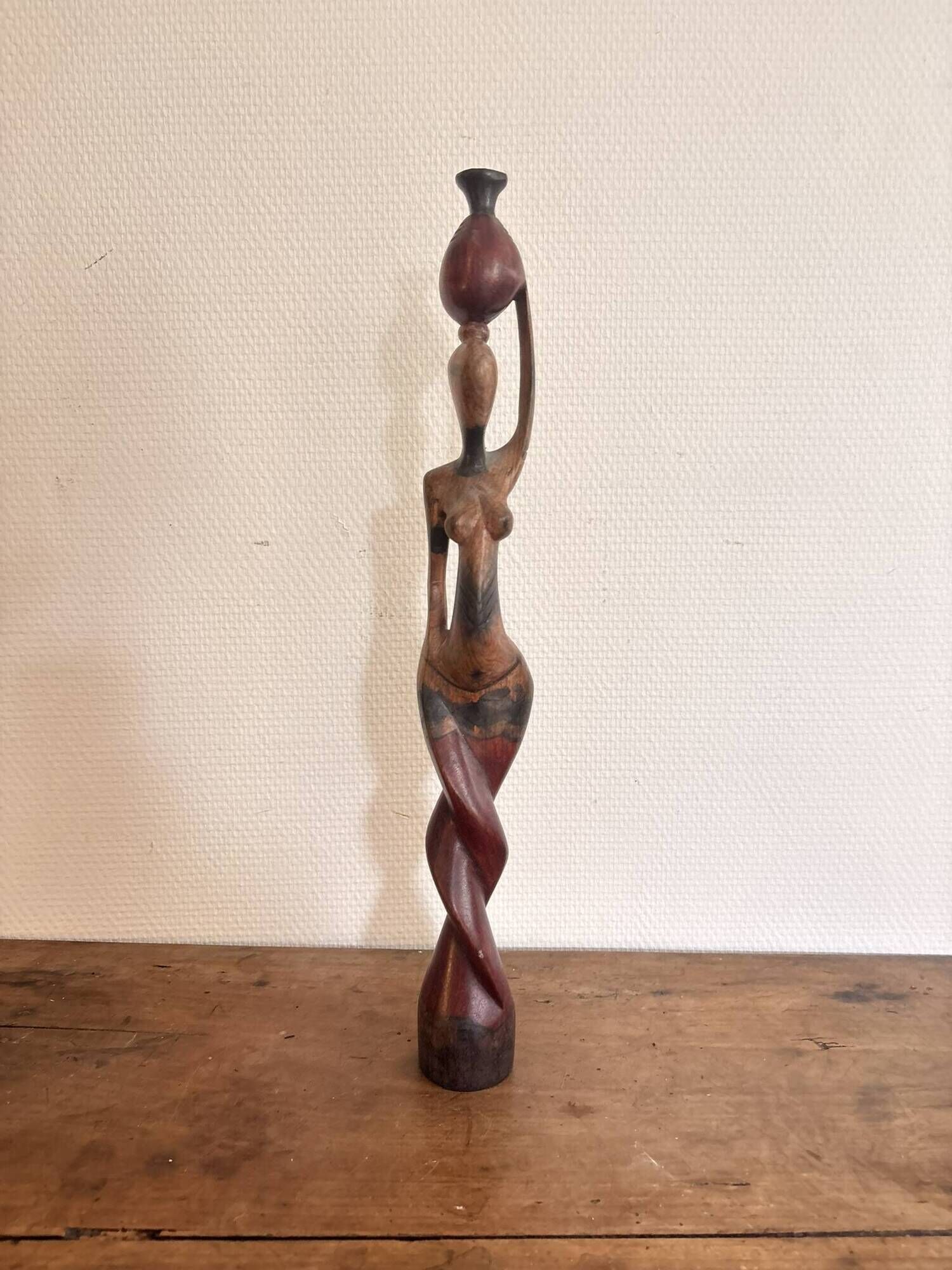 Sculpture Water Carrier Carved Exotic African Wood Curio Art Makonde